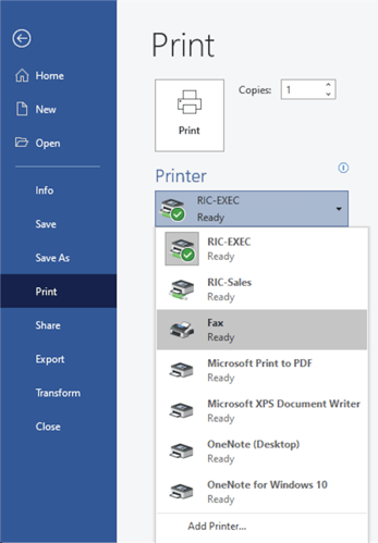 faxing UI screenshot